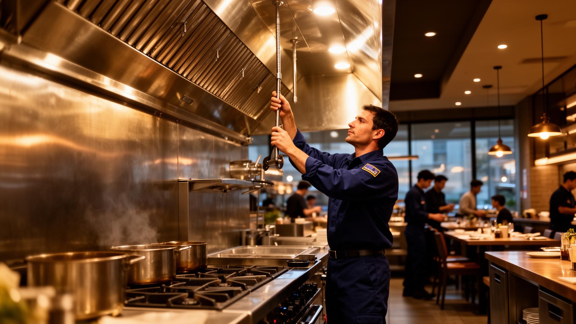 Technician servicing a commercial kitchen hood in Riverside
